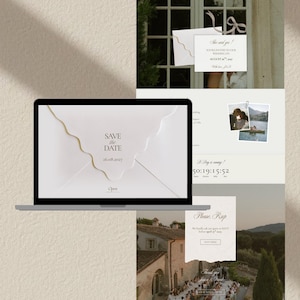 May include: A laptop screen displaying a digital wedding invitation website with a white envelope graphic featuring a scalloped flap, the text SAVE THE DATE 26.08.2027, and an Open button. The background shows a vertical layout of wedding details.