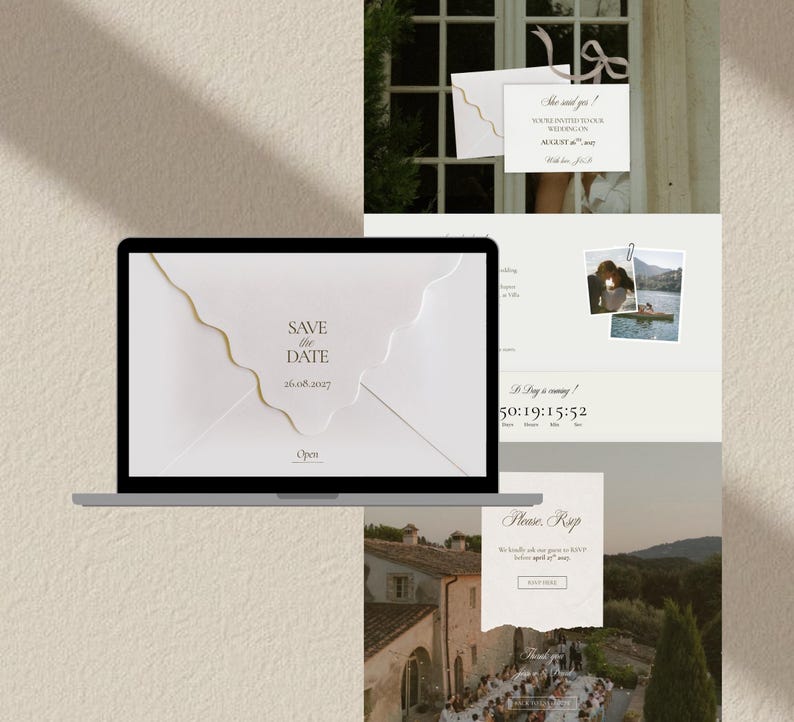 May include: A laptop screen displaying a digital wedding invitation website with a white envelope graphic featuring a scalloped flap, the text SAVE THE DATE 26.08.2027, and an Open button. The background shows a vertical layout of wedding details.