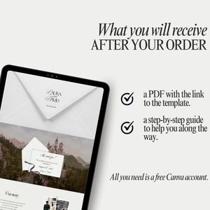 May include: A digital tablet displays a wedding invitation template with the names "Laura and David." The text reads "What you will receive AFTER YOUR ORDER." The image also includes a PDF link and a step-by-step guide.