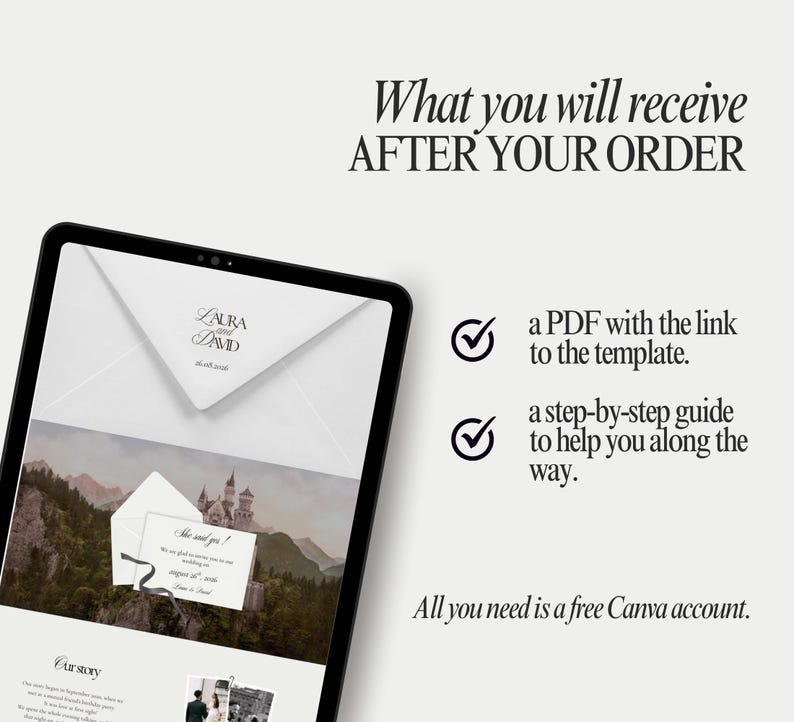 May include: A digital tablet displays a wedding invitation template with the names "Laura and David." The text reads "What you will receive AFTER YOUR ORDER." The image also includes a PDF link and a step-by-step guide.