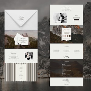 May include: Elegant wedding invitation suite with a white envelope featuring the names "Laura and David". The design includes a scenic mountain landscape and a castle illustration. The suite also includes a website layout with wedding details.