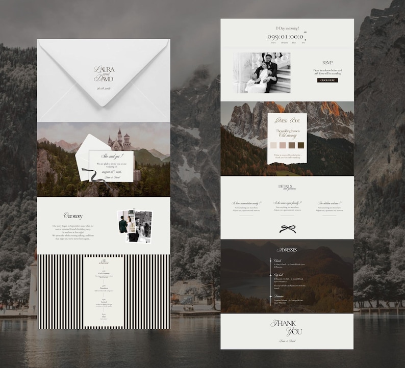 May include: Elegant wedding invitation suite with a white envelope featuring the names "Laura and David". The design includes a scenic mountain landscape and a castle illustration. The suite also includes a website layout with wedding details.