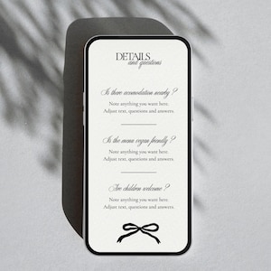 May include: A smartphone displaying a wedding details and questions template. The text includes questions about accommodation, vegan options, and children. A decorative bow is at the bottom. The phone is set against a neutral background.