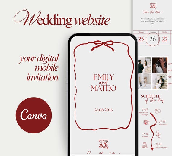 Modèle de site de mariage – Faire-part digital mobile Canva - Invitation de mariage numérique à personnaliser - Site web de mariage Canva