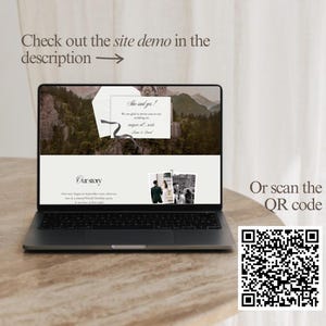 May include: A laptop displaying a wedding website design with a mountain landscape background. The screen shows the text "She said yes!" and "August 26th, 2016". The image also includes a QR code and the text "Check out the site demo in the description".