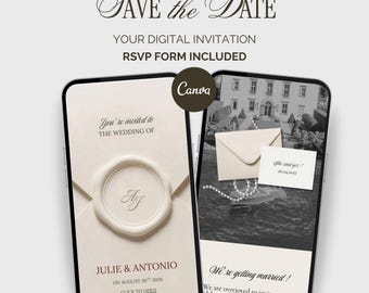 May include: Two smartphones displaying a digital wedding invitation. The left screen shows an envelope with a wax seal featuring the initials AG, Julie & Antonio, and August 26th 2026. The right screen shows a black and white photo with an envelope.