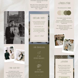 May include: A digital wedding invitation template featuring a black and white photo of a couple, a Save the Date card, a dress code section with a nature-inspired color palette, a program schedule, and location details in beige and olive green tones.
