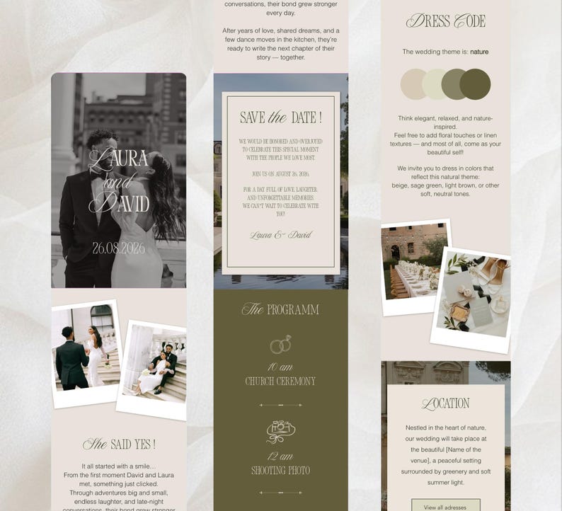 May include: A digital wedding invitation template featuring a black and white photo of a couple, a Save the Date card, a dress code section with a nature-inspired color palette, a program schedule, and location details in beige and olive green tones.