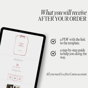 May include: A digital tablet displays a wedding invitation template with the names "Emily and Mateo" and the date 26.08.2026. Text reads "What you will receive AFTER YOUR ORDER" and "All you need is a free Canva account."