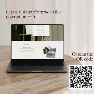 May include: A laptop displaying a wedding website template with text reading She said yes! and Save the date! alongside a QR code. The screen shows a photo of a couple and a lake scene. Text above the laptop reads Check out the site demo in the description.