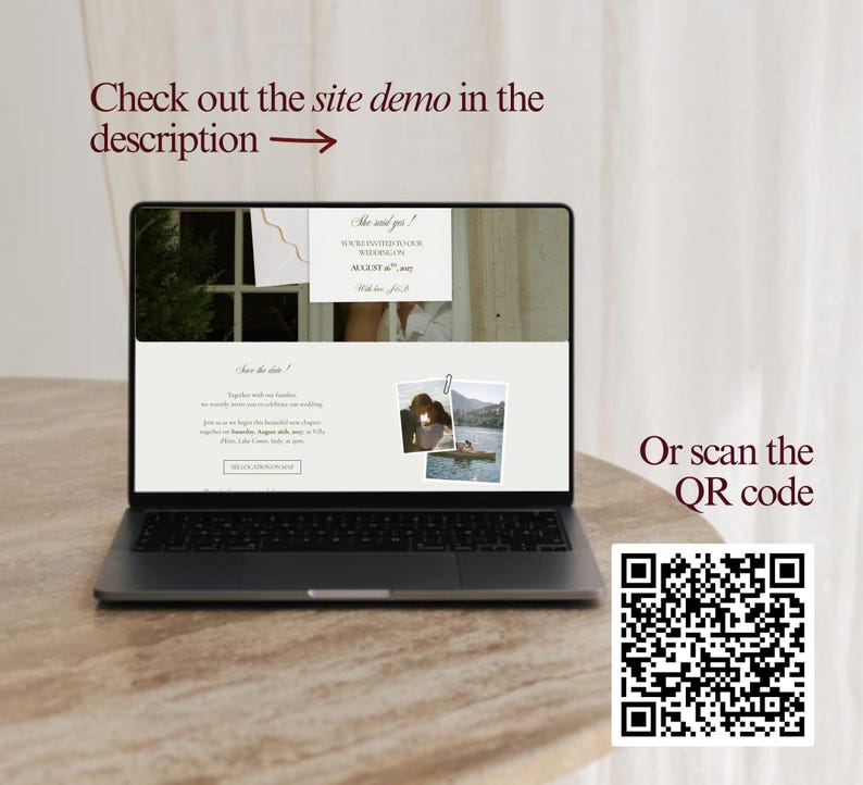 May include: A laptop displaying a wedding website template with text reading She said yes! and Save the date! alongside a QR code. The screen shows a photo of a couple and a lake scene. Text above the laptop reads Check out the site demo in the description.