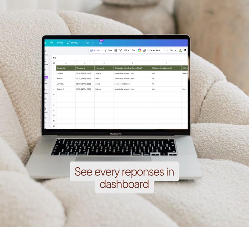 May include: A silver MacBook Pro laptop displaying a spreadsheet with data, resting on a cream-colored upholstered surface. The screen shows a table with columns and rows of data. Text at the bottom reads: "See every reponses in dashboard."