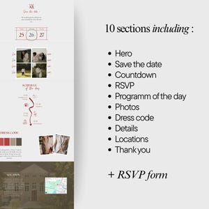 May include: A wedding invitation layout with a minimalist design. The layout includes sections for the date, photos, schedule, dress code, and location. The text includes "Save the date" and a list of 10 sections, including an RSVP form.