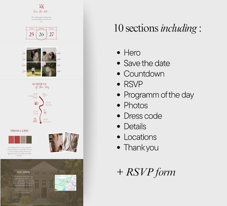 May include: A wedding invitation layout with a minimalist design. The layout includes sections for the date, photos, schedule, dress code, and location. The text includes "Save the date" and a list of 10 sections, including an RSVP form.
