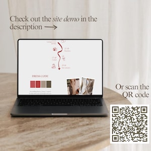 May include: A laptop displaying a wedding timeline and dress code on its screen. The screen shows a red and white graphic with the text "Check out the site demo in the description" and "Or scan the QR code". A QR code is visible.
