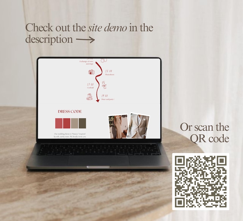 May include: A laptop displaying a wedding timeline and dress code on its screen. The screen shows a red and white graphic with the text "Check out the site demo in the description" and "Or scan the QR code". A QR code is visible.