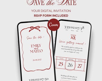 May include: Two smartphones displaying a digital wedding save the date invitation with red text and accents on a white background. The screens show the names Emily and Mateo, a countdown timer, a calendar marked for August 26, 2027, and a location map link.
