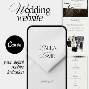 Può includere: Un design di invito di nozze digitale con le parole "Wedding website" e "Canva". L'invito include i nomi "Laura and David" e la data "26.08.2026" sullo schermo di uno smartphone, con ulteriori dettagli.