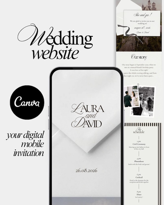 Modèle de site de mariage – Faire-part digital mobile Canva - Invitation de mariage numérique à personnaliser - Site web de mariage Canva
