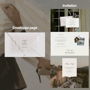 May include: A digital wedding invitation suite featuring an envelope page with a wavy flap, a save the date card with a countdown timer, and an RSVP card. The designs include elegant serif typography, soft neutral tones, and photographic elements.