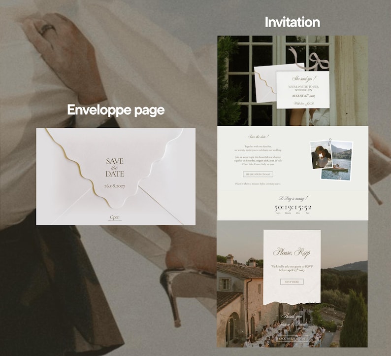 May include: A digital wedding invitation suite featuring an envelope page with a wavy flap, a save the date card with a countdown timer, and an RSVP card. The designs include elegant serif typography, soft neutral tones, and photographic elements.