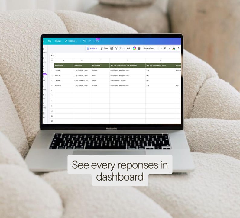 May include: A silver MacBook Pro laptop displaying a spreadsheet with data, resting on a cream-colored, textured surface. The screen shows a table with columns and rows of data. The text at the bottom reads: "See every reponses in dashboard."
