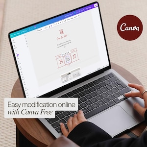 May include: A laptop displaying a wedding invitation design with the text "Save the date." The screen shows a calendar with the date circled. The Canva logo is in the upper right corner, and the text "Easy modification online with Canva Free" is at the bottom.