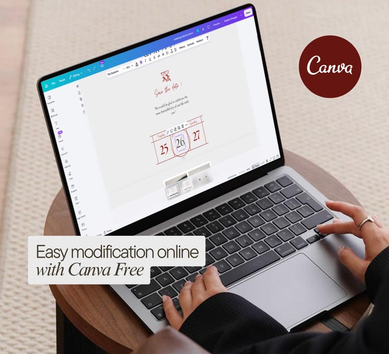 May include: A laptop displaying a wedding invitation design with the text "Save the date." The screen shows a calendar with the date circled. The Canva logo is in the upper right corner, and the text "Easy modification online with Canva Free" is at the bottom.