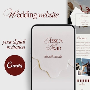 May include: A digital wedding invitation design on a smartphone screen. The design features the names "Jessica and David" and the date "26.08.2026" in a burgundy script font. The Canva logo is visible. The words "Wedding website" and "your digital invitation" are also present.