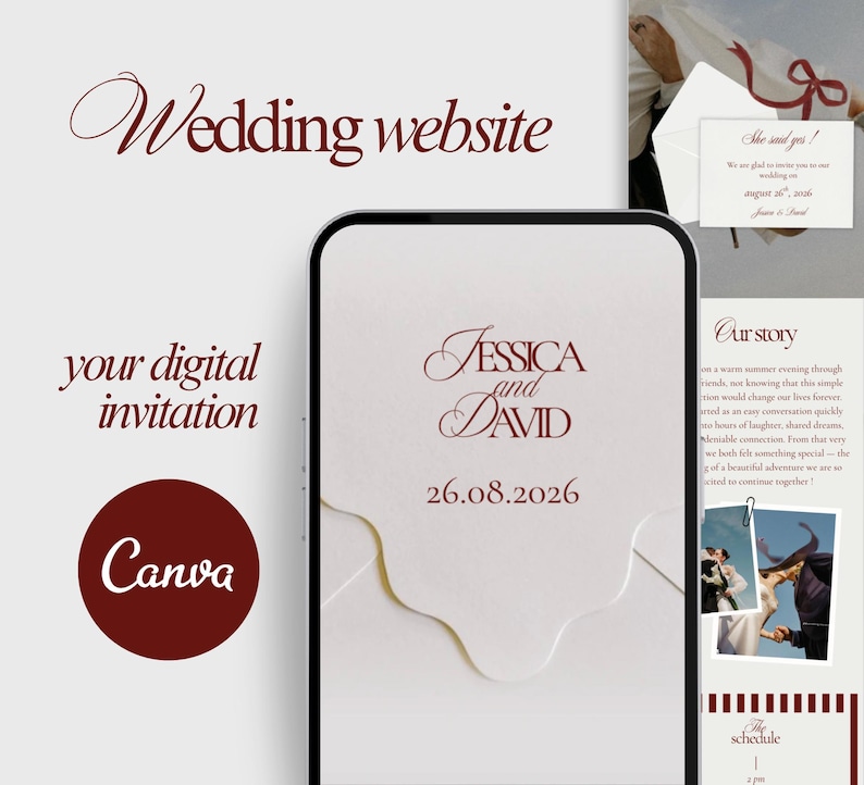 May include: A digital wedding invitation design on a smartphone screen. The design features the names "Jessica and David" and the date "26.08.2026" in a burgundy script font. The Canva logo is visible. The words "Wedding website" and "your digital invitation" are also present.