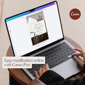 May include: A laptop displaying a wedding invitation design with a castle image. The screen shows text and design elements. The text "Easy modification online with Canva Free" is displayed on the bottom of the screen. A person's hands are on the keyboard.
