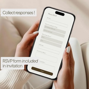 May include: A smartphone displaying a digital RSVP form with fields for name, attendance, plus-one, and allergies. Text on the screen reads "Please RSVP." The image also includes the text "Collect responses!" and "RSVP form included in invitation."
