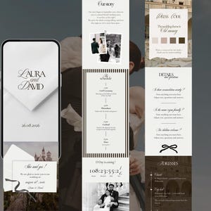 May include: A wedding invitation suite with a minimalist design. The suite includes a smartphone screen with the names "Laura and David" and the date "26.08.2026", along with other informational cards. The theme is "Old Money".