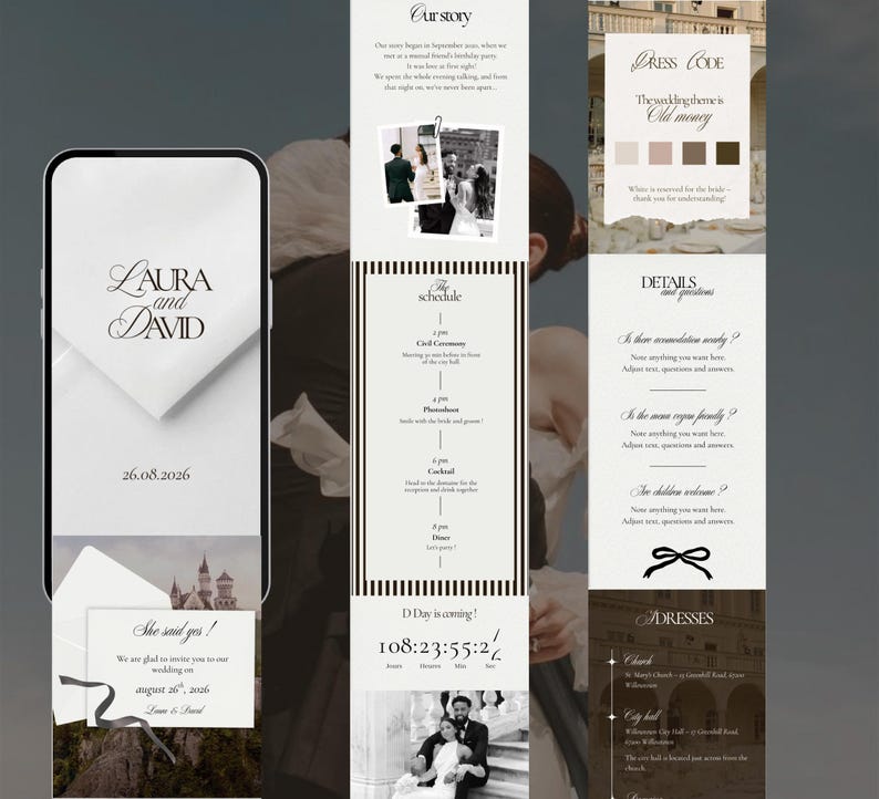 May include: A wedding invitation suite with a minimalist design. The suite includes a smartphone screen with the names "Laura and David" and the date "26.08.2026", along with other informational cards. The theme is "Old Money".