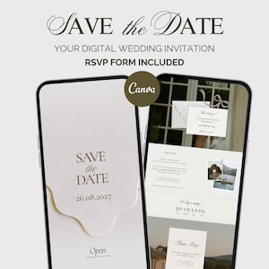 Op de afbeelding: Twee smartphones tonen een digitaal trouwuitnodigingssjabloon met de tekst SAVE the DATE 26.08.2027, YOUR DIGITAL WEDDING INVITATION, RSVP FORM INCLUDED en Open. De schermen hebben een crèmekleurige achtergrond, schreefletters en foto's.