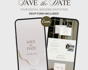 Modèle d'invitation de mariage digital, save the date avec rsvp, site web de mariage canva
