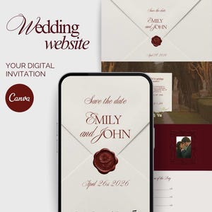 May include: A digital wedding invitation design featuring a smartphone and website mockup. The design includes the text "Wedding website" and "Your digital invitation". The invitation displays "Save the date" with the names "Emily and John" and the date "April 26th 2026".