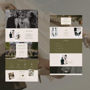 May include: A digital wedding invitation website template featuring a neutral color palette of beige, cream, and olive green. The layout includes sections for event details, a photo gallery, a program schedule, and a dress code, with text reading Laura and David.