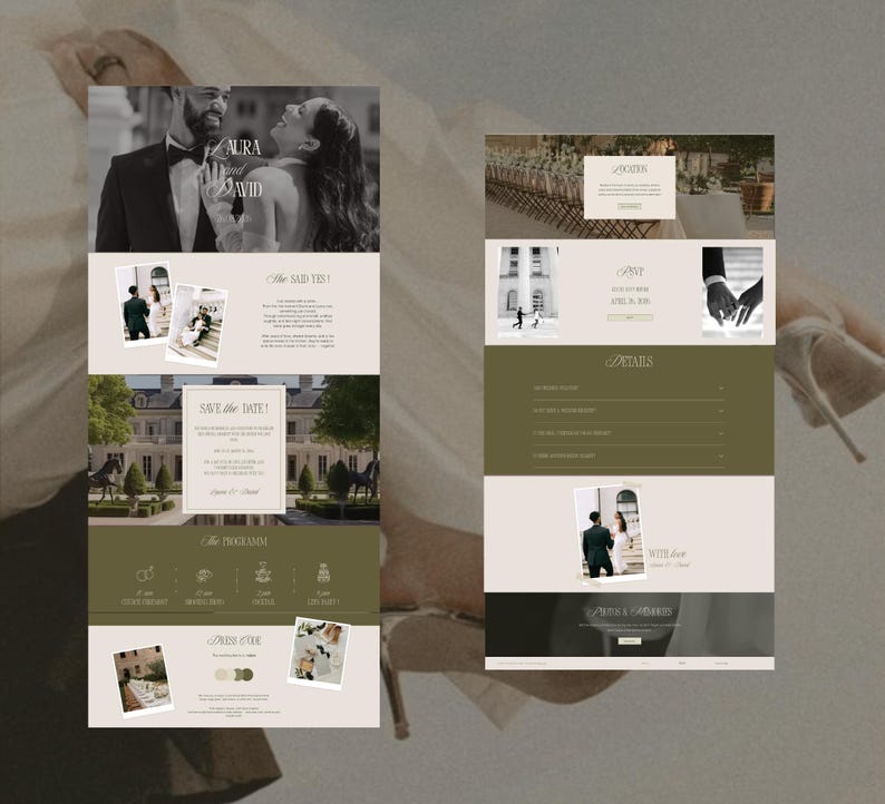 May include: A digital wedding invitation website template featuring a neutral color palette of beige, cream, and olive green. The layout includes sections for event details, a photo gallery, a program schedule, and a dress code, with text reading Laura and David.