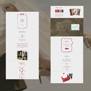 May include: A wedding invitation design with a minimalist aesthetic. The layout features sections for the couple's names, date, time, location, RSVP details, and schedule. The design uses a soft color palette with burgundy accents and includes photographs.