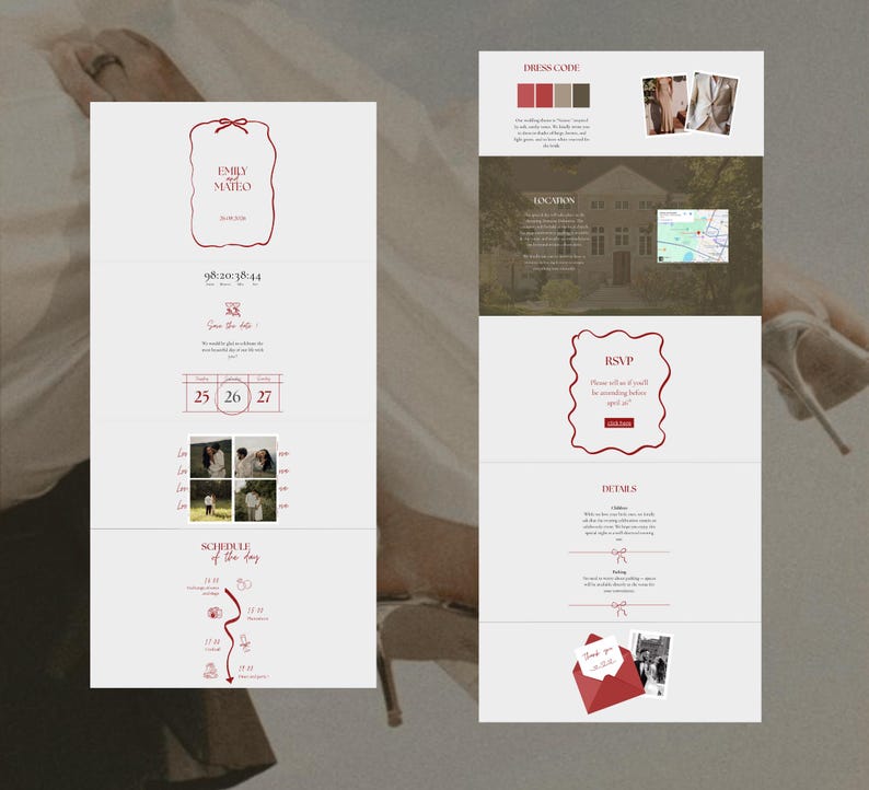 May include: A wedding invitation design with a minimalist aesthetic. The layout features sections for the couple's names, date, time, location, RSVP details, and schedule. The design uses a soft color palette with burgundy accents and includes photographs.
