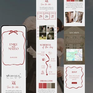 May include: A wedding invitation design with a smartphone displaying details. The design features a burgundy color scheme with text including "EMILY and MATEO" and the date "26.08.2026". Additional panels provide event details and RSVP information.