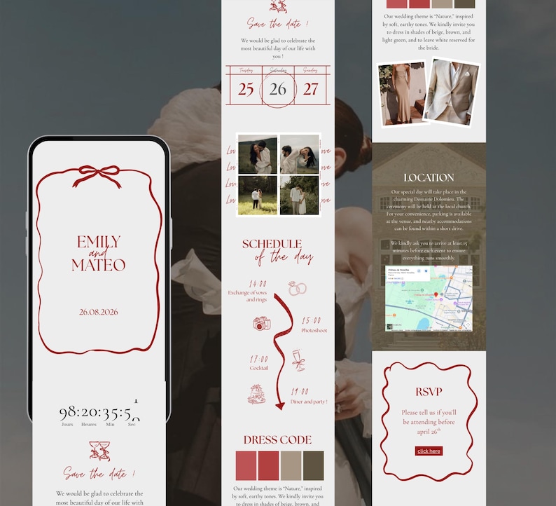 May include: A wedding invitation design with a smartphone displaying details. The design features a burgundy color scheme with text including "EMILY and MATEO" and the date "26.08.2026". Additional panels provide event details and RSVP information.