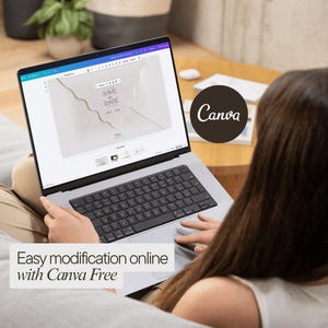 May include: A silver laptop displaying a digital design interface with the text SAVE THE DATE 2025-2027 on the screen. The screen shows a graphic of an envelope with a gold wavy line. The text Easy modification online with Canva Free is visible.