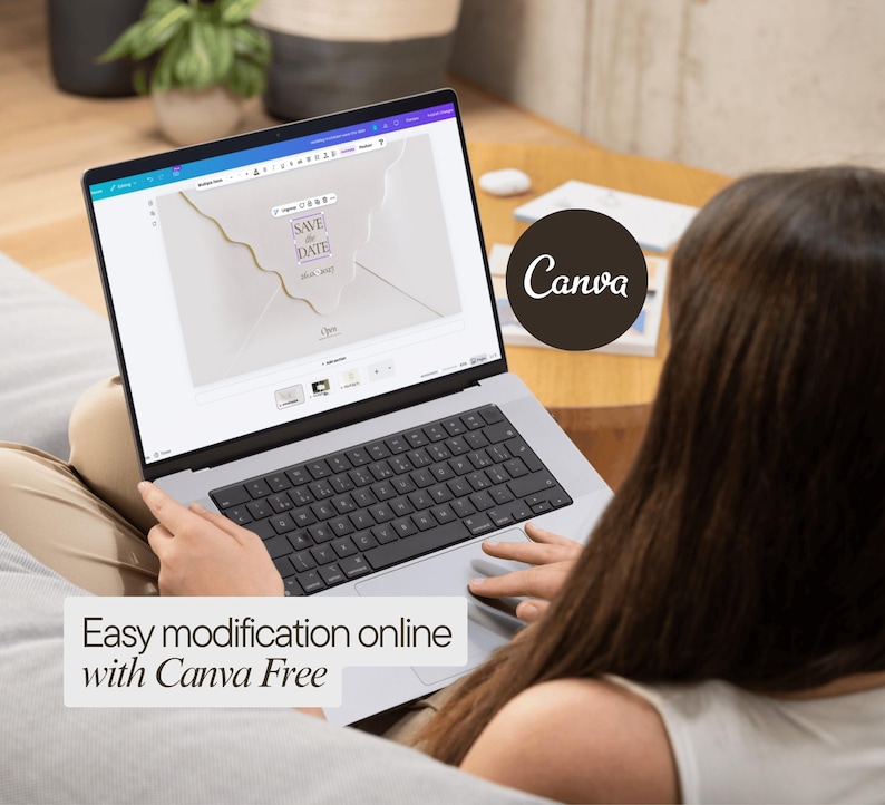 May include: A silver laptop displaying a digital design interface with the text SAVE THE DATE 2025-2027 on the screen. The screen shows a graphic of an envelope with a gold wavy line. The text Easy modification online with Canva Free is visible.