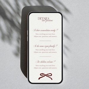 May include: A smartphone screen displays wedding details and questions in a serif font. The text includes inquiries about accommodation, vegan options, and child attendance. A burgundy bow graphic is at the bottom.