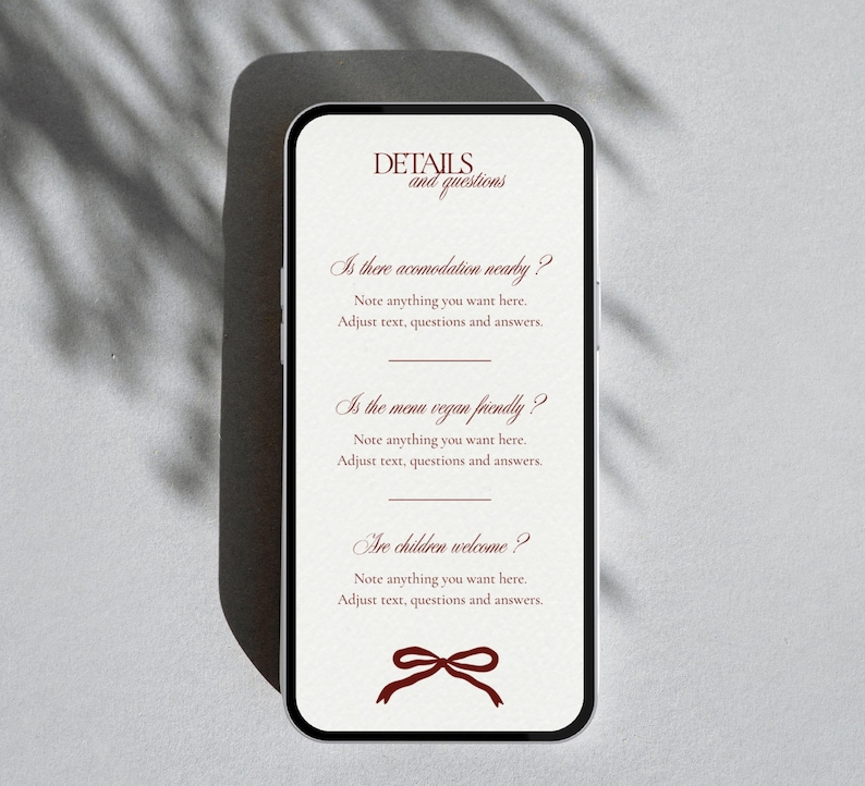 May include: A smartphone screen displays wedding details and questions in a serif font. The text includes inquiries about accommodation, vegan options, and child attendance. A burgundy bow graphic is at the bottom.