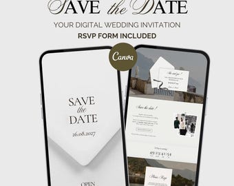 May include: Two smartphones displaying a digital wedding invitation template. The left screen shows a Save the Date cover with an envelope graphic and an Open button. The right screen displays event details, photos, a countdown, and an RSVP form.
