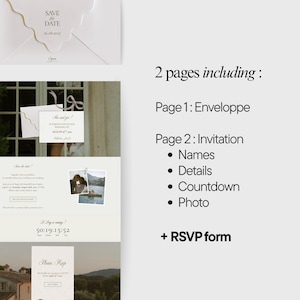 May include: A digital wedding stationery set featuring two pages including an envelope with a scalloped flap, an invitation with names, details, a countdown timer, and a photo, plus an RSVP form. The design uses elegant serif typography.