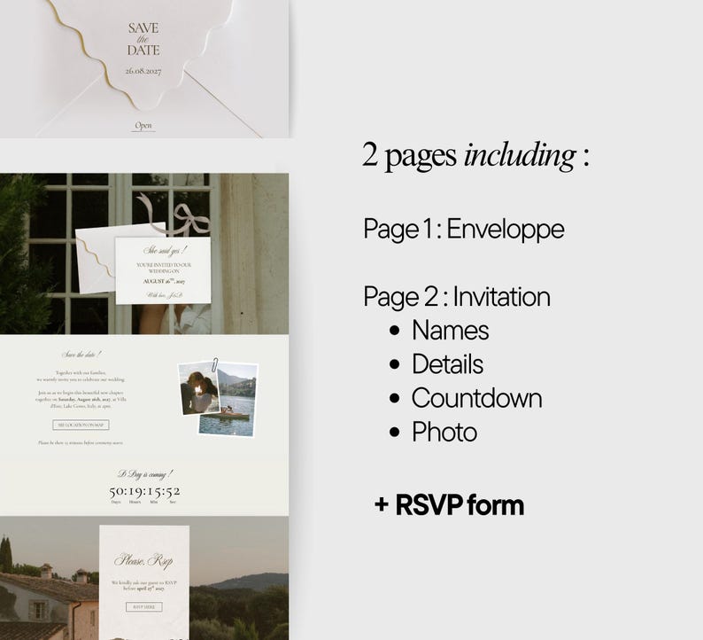May include: A digital wedding stationery set featuring two pages including an envelope with a scalloped flap, an invitation with names, details, a countdown timer, and a photo, plus an RSVP form. The design uses elegant serif typography.